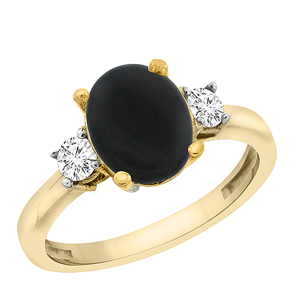 10K Yellow Gold Natural Black Onyx Engagement Ring Oval 10x8 mm Diamond Sides, sizes 5 - 10