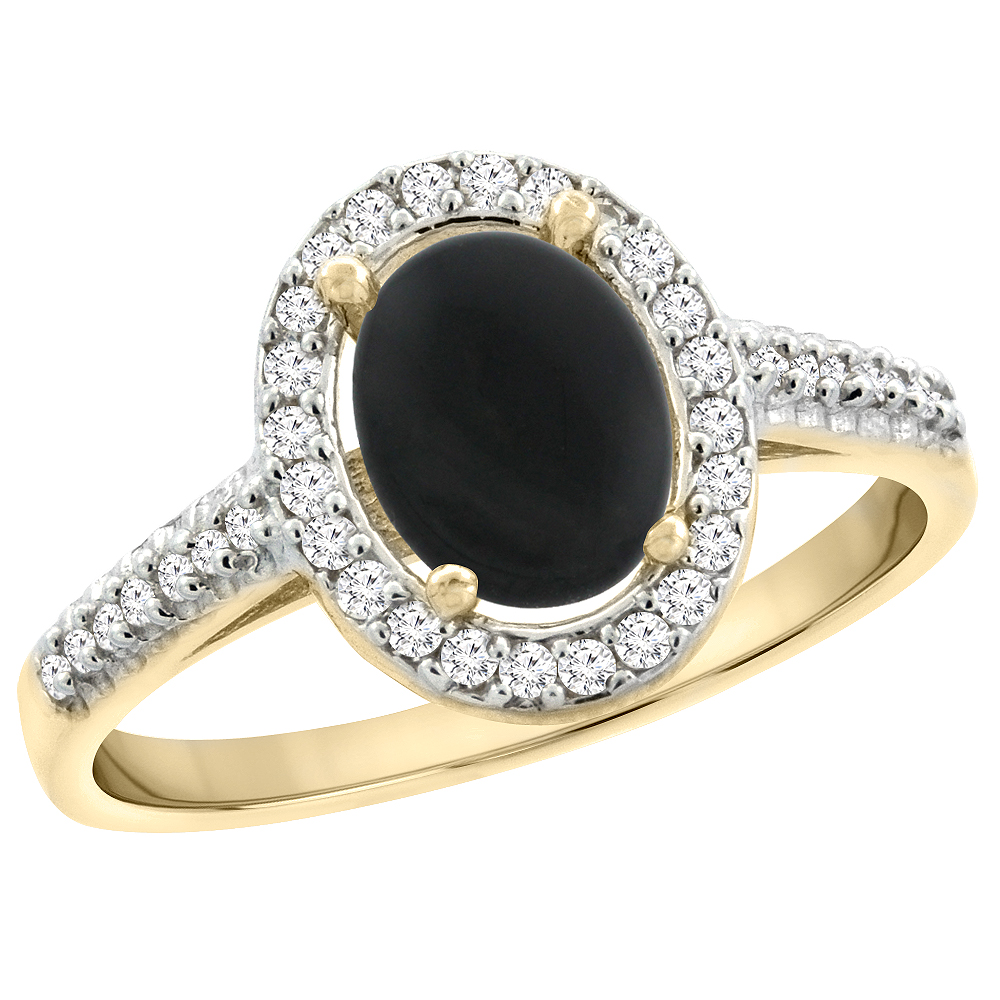 10K Yellow Gold Natural Black Onyx Engagement Ring Oval 7x5 mm Diamond Halo, sizes 5 - 10