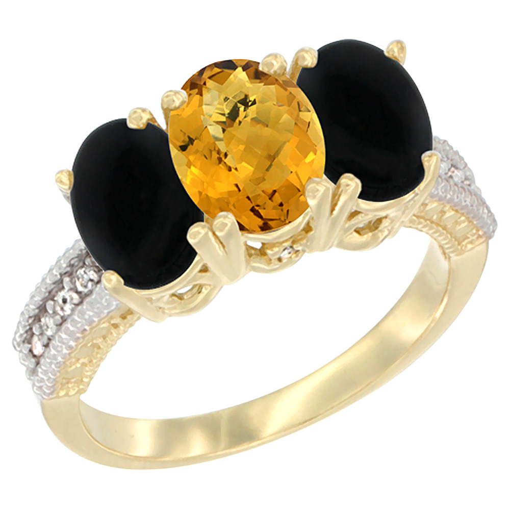 14K Yellow Gold Natural Whisky Quartz & Black Onyx Sides Ring 3-Stone 7x5 mm Oval Diamond Accent, sizes 5 - 10