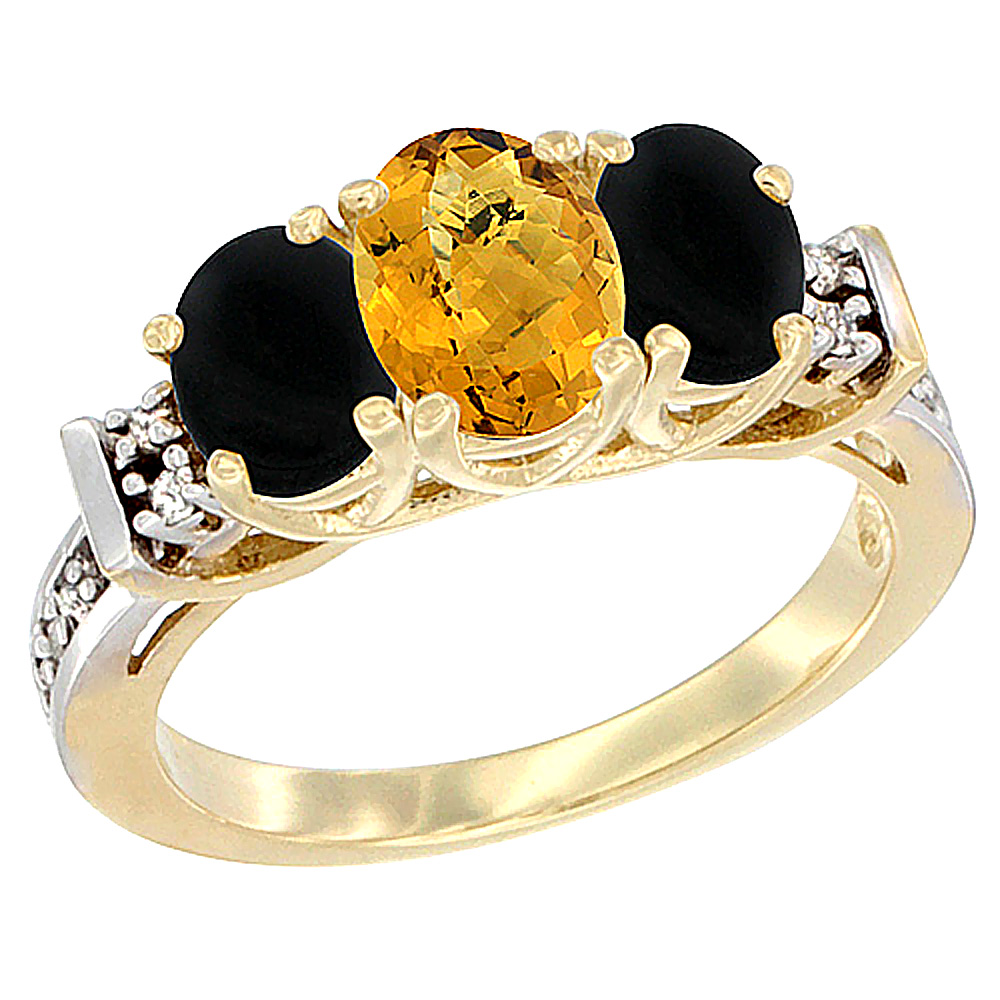 14K Yellow Gold Natural Whisky Quartz & Black Onyx Ring 3-Stone Oval Diamond Accent