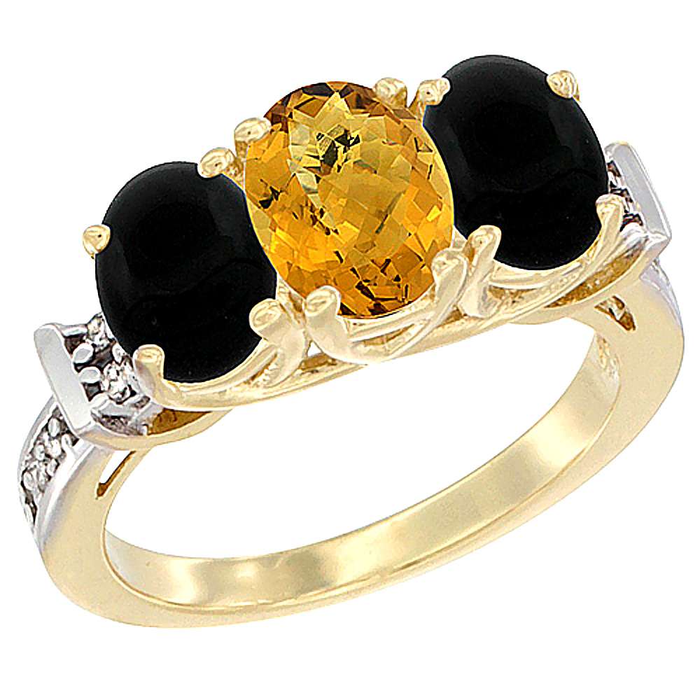 10K Yellow Gold Natural Whisky Quartz & Black Onyx Sides Ring 3-Stone Oval Diamond Accent, sizes 5 - 10