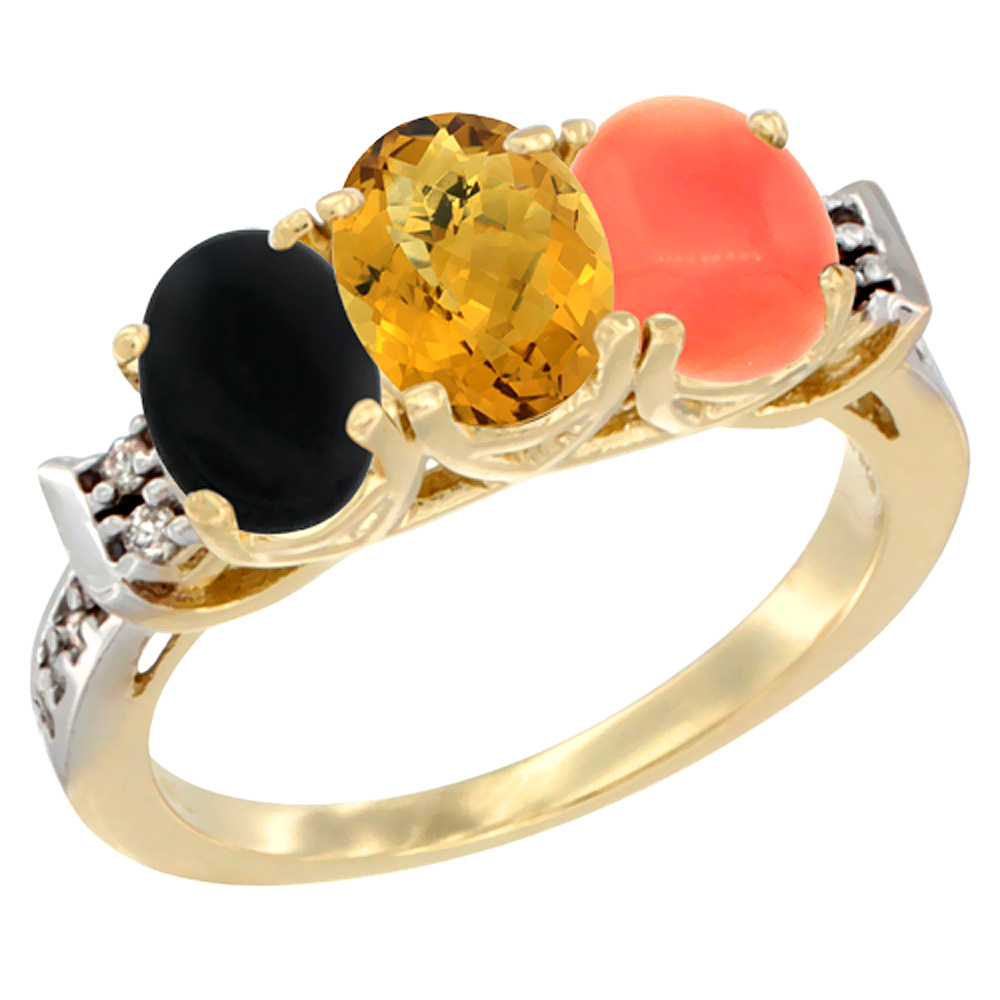 14K Yellow Gold Natural Black Onyx, Whisky Quartz &amp; Coral Ring 3-Stone Oval 7x5 mm Diamond Accent, sizes 5 - 10