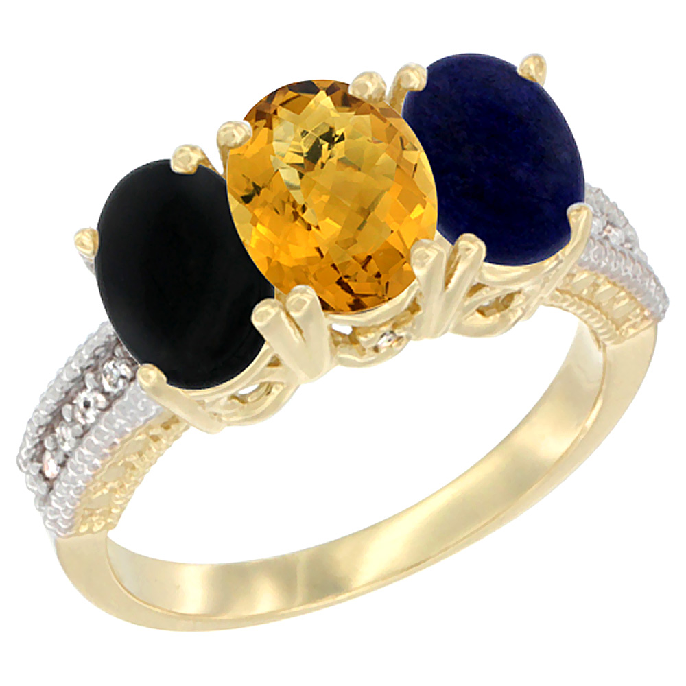 10K Yellow Gold Diamond Natural Black Onyx, Whisky Quartz & Lapis Ring 3-Stone 7x5 mm Oval, sizes 5 - 10