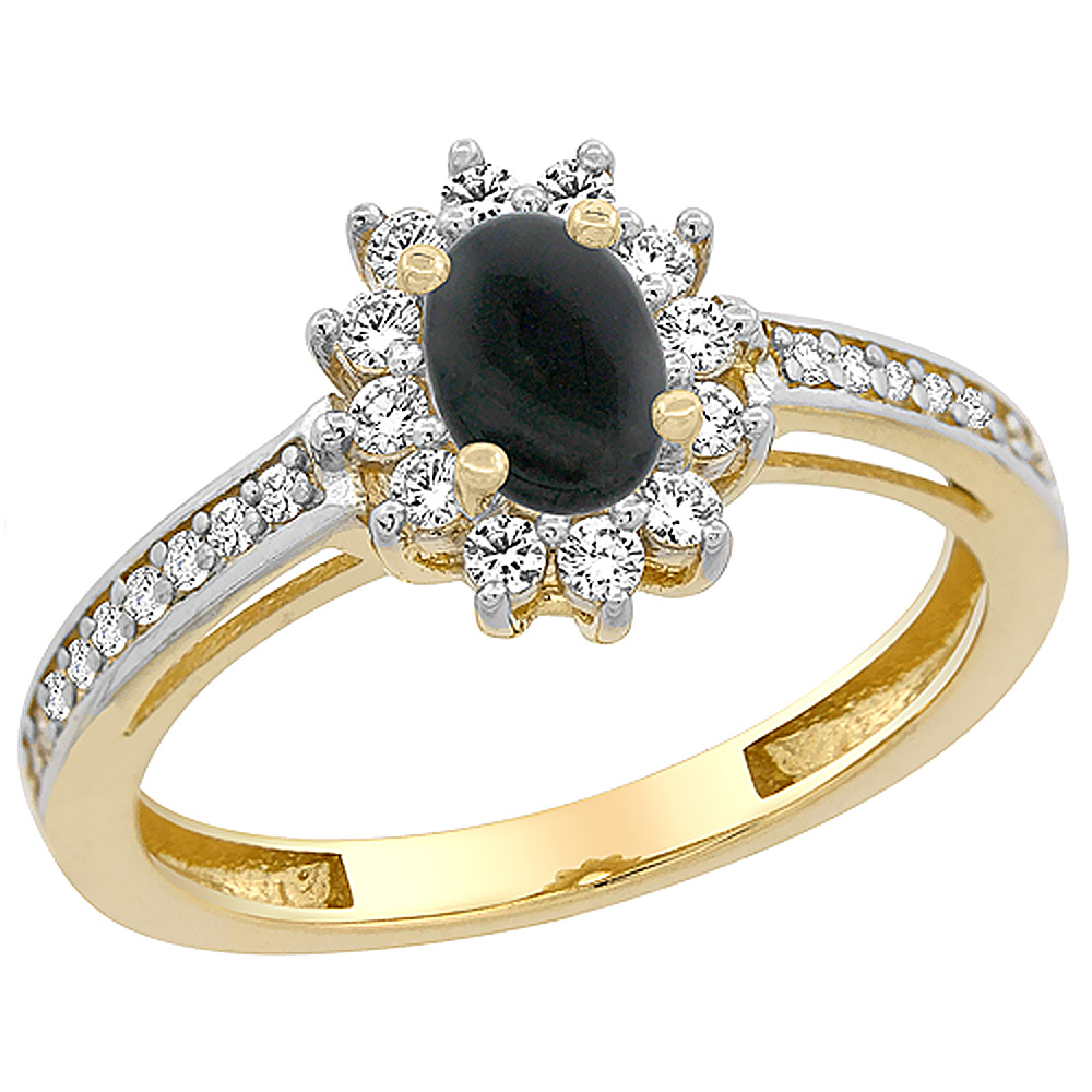 14K Yellow Gold Natural Black Onyx Flower Halo Ring Oval 6x4mm Diamond Accents, sizes 5 - 10