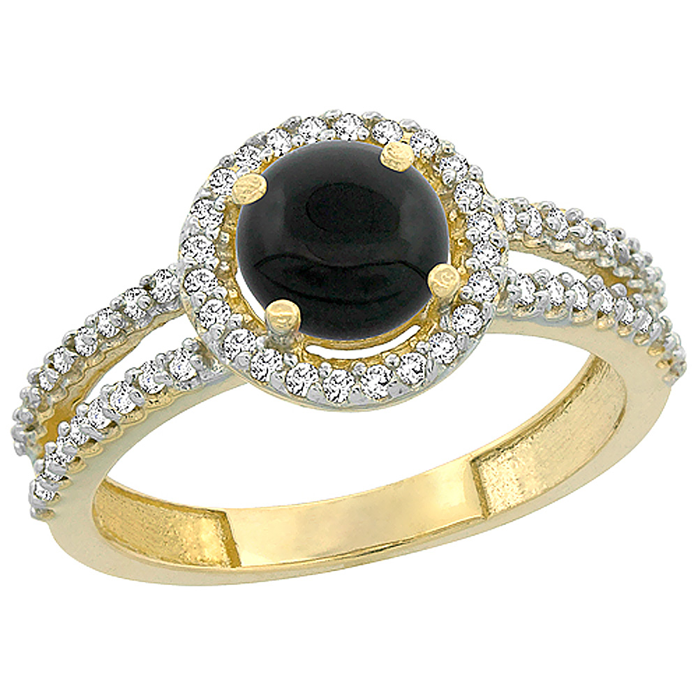 10K Yellow Gold Natural Black Onyx Diamond Halo Ring Round 6mm, sizes 5 - 10