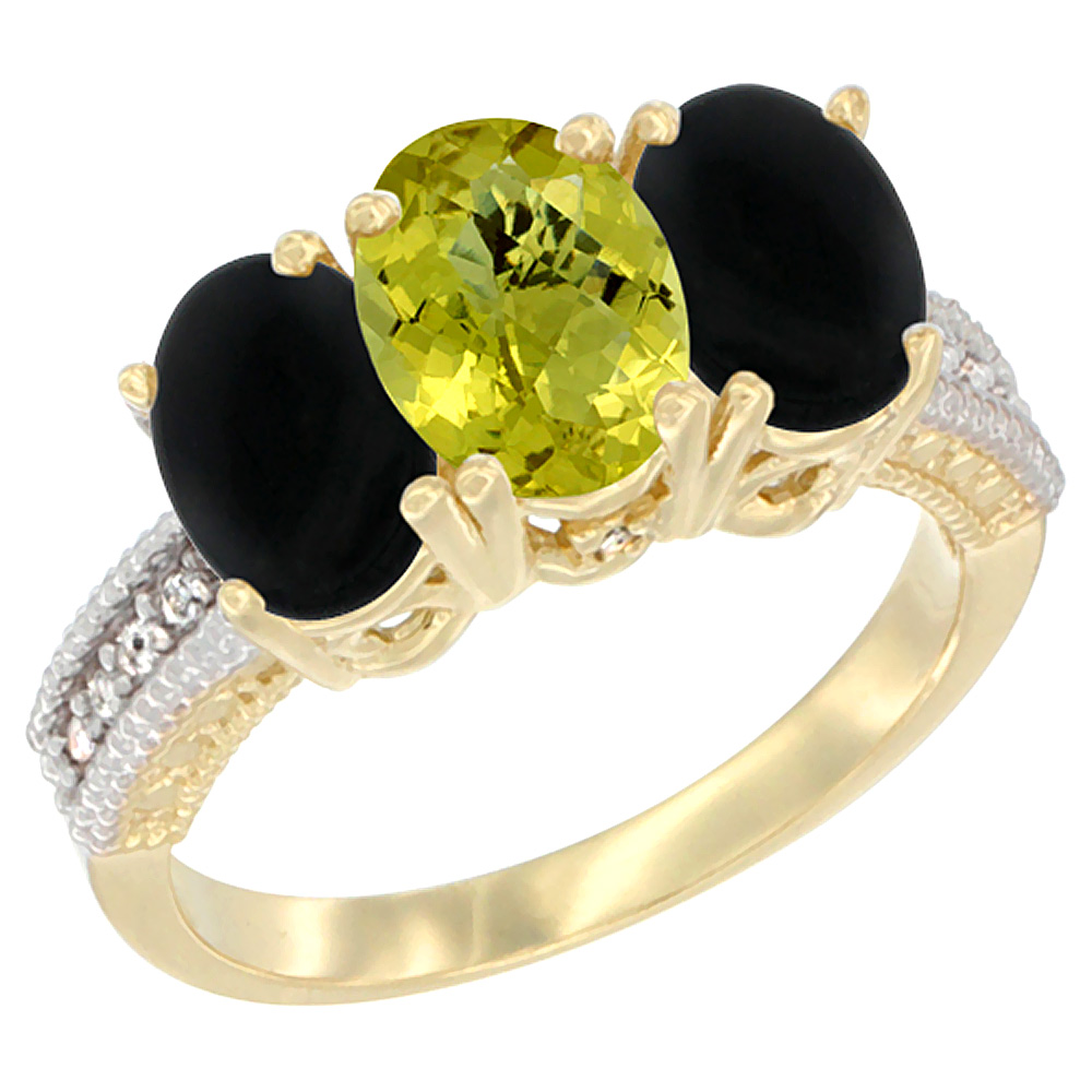 14K Yellow Gold Natural Lemon Quartz & Black Onyx Sides Ring 3-Stone 7x5 mm Oval Diamond Accent, sizes 5 - 10