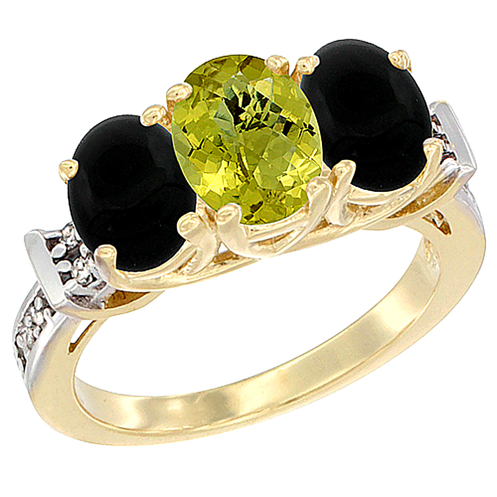 14K Yellow Gold Natural Lemon Quartz & Black Onyx Sides Ring 3-Stone Oval Diamond Accent, sizes 5 - 10