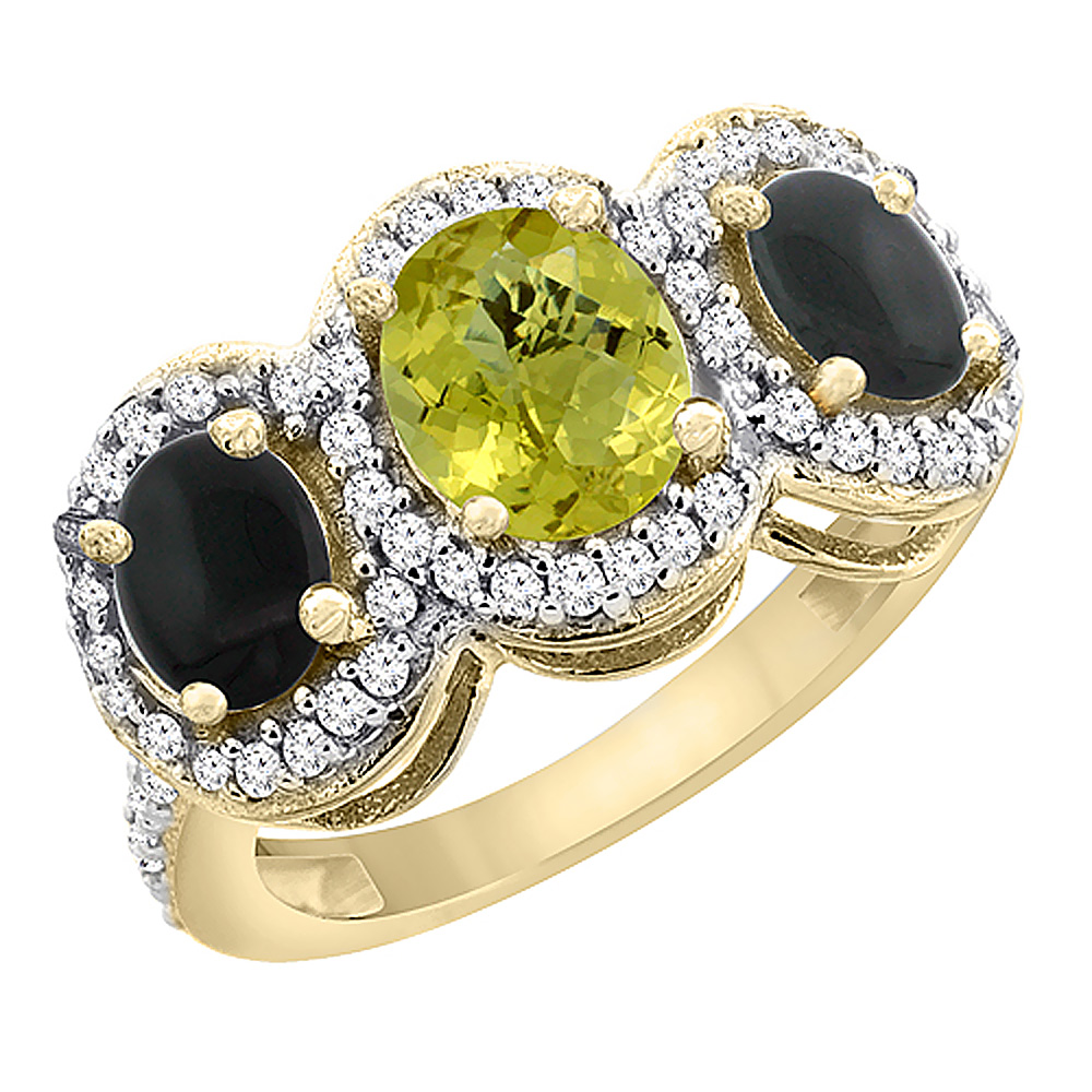 10K Yellow Gold Natural Lemon Quartz & Black Onyx 3-Stone Ring Oval Diamond Accent, sizes 5 - 10