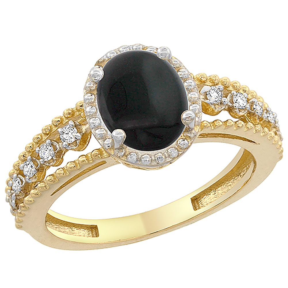 14K Yellow Gold Natural Black Onyx Ring Oval 9x7 mm Floating Diamond Accents, sizes 5 - 10