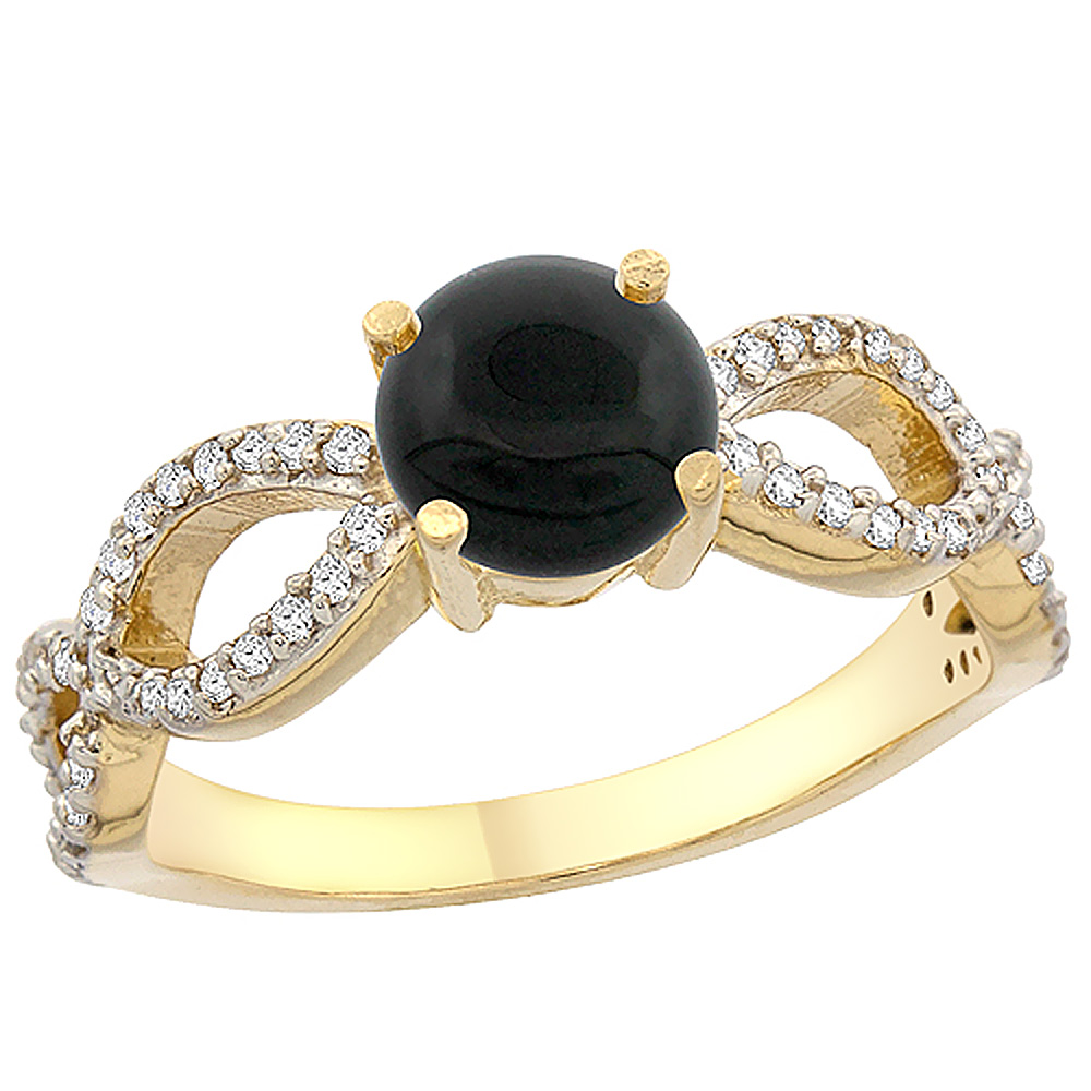14K Yellow Gold Natural Black Onyx Ring Round 6mm Infinity Diamond Accents, sizes 5 - 10