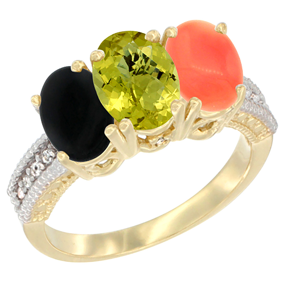 14K Yellow Gold Natural Black Onyx, Lemon Quartz &amp; Coral Ring 3-Stone 7x5 mm Oval Diamond Accent, sizes 5 - 10