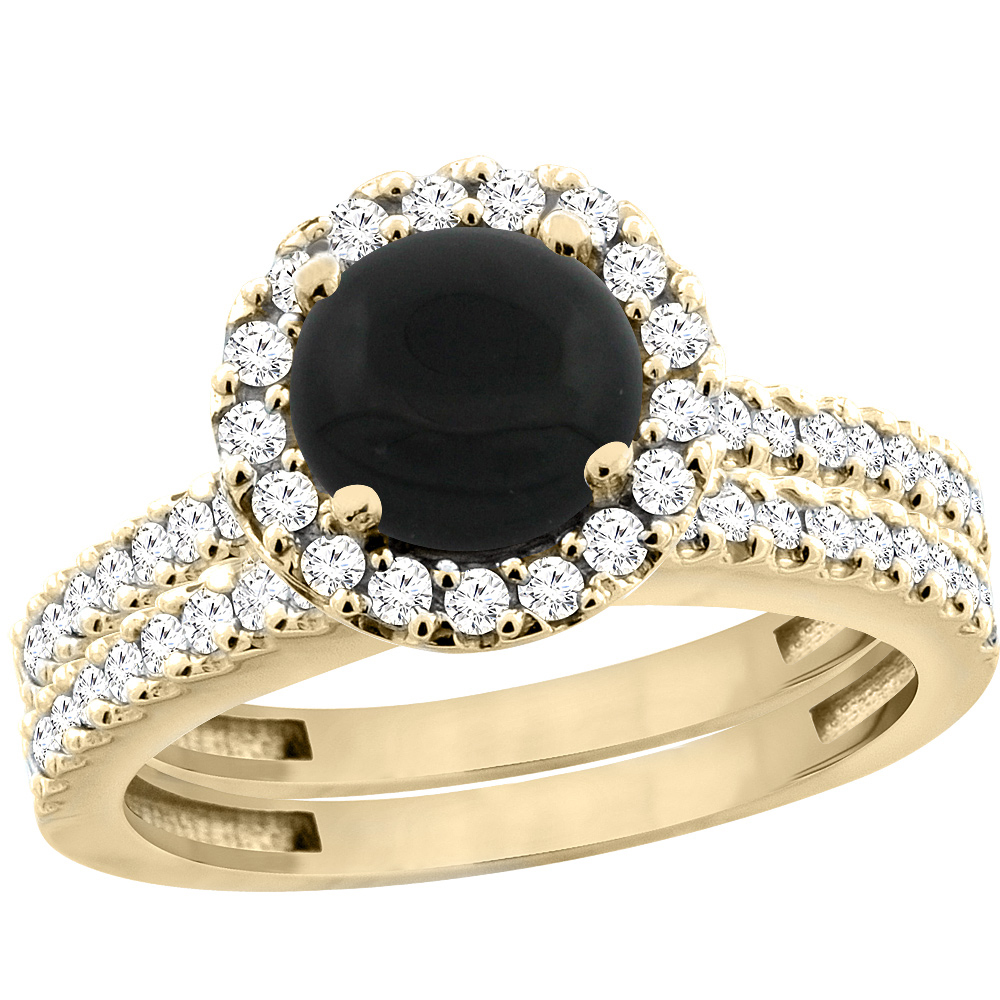 10K Yellow Gold Natural Black Onyx Round 6mm 2-Piece Engagement Ring Set Floating Halo Diamond, sizes 5 - 10