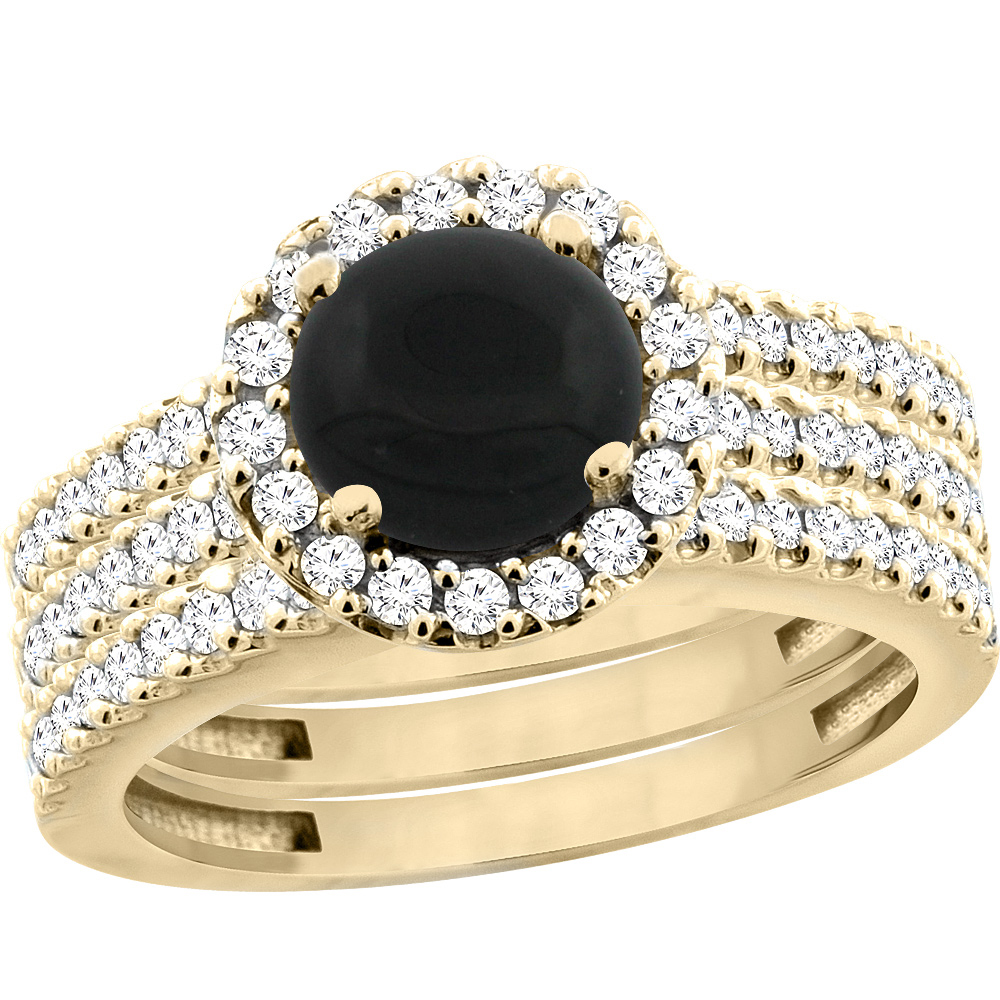 10K Yellow Gold Natural Black Onyx 3-Piece Bridal Ring Set Round 6mm Halo Diamond, sizes 5 - 10