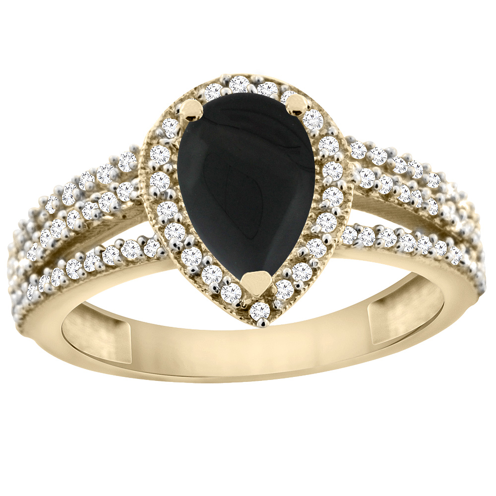 10K Yellow Gold Natural Black Onyx Ring 9x7 Pear Halo Diamond, sizes 5 - 10