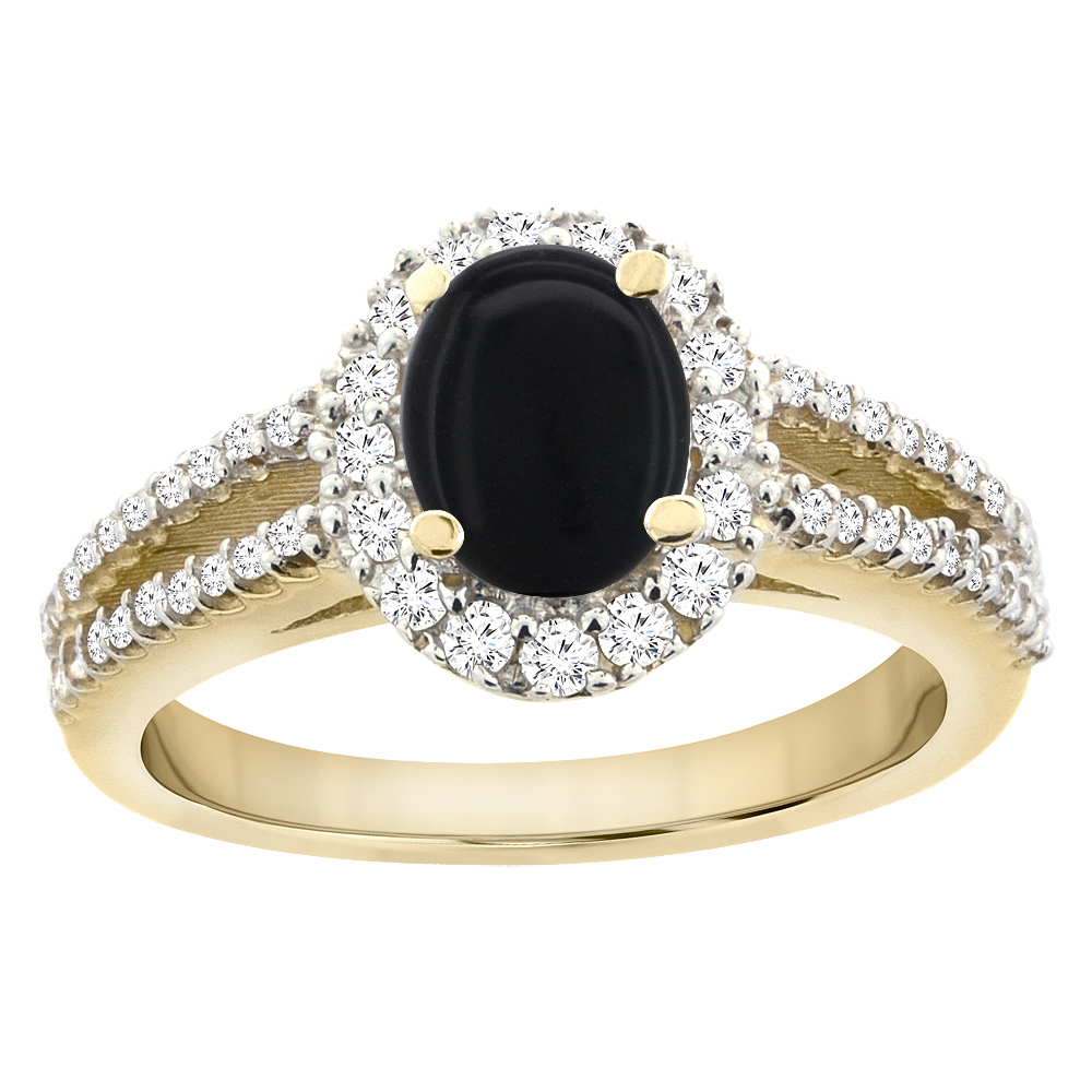 10K Yellow Gold Natural Black Onyx Split Shank Halo Engagement Ring Oval 7x5 mm, sizes 5 - 10