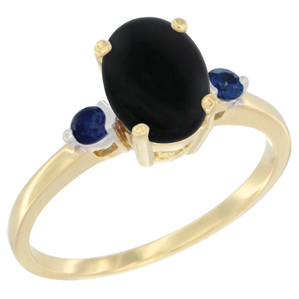 14K Yellow Gold Natural Black Onyx Ring Oval 9x7 mm Blue Sapphire Accent, sizes 5 to 10