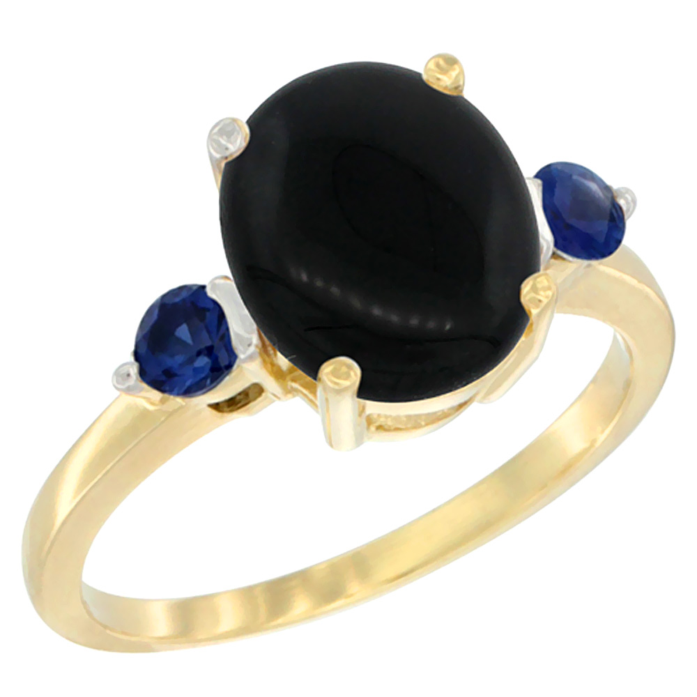 10K Yellow Gold 10x8mm Oval Natural Black Onyx Ring for Women Blue Sapphire Side-stones sizes 5 - 10