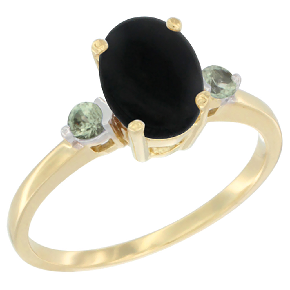 10K Yellow Gold Natural Black Onyx Ring Oval 9x7 mm Green Sapphire Accent, sizes 5 to 10