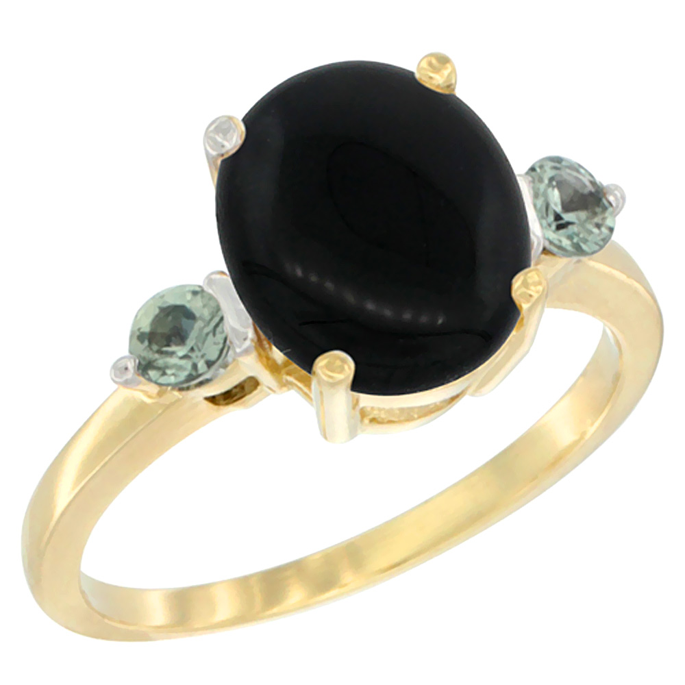 14K Yellow Gold 10x8mm Oval Natural Black Onyx Ring for Women Green Sapphire Side-stones sizes 5 - 10