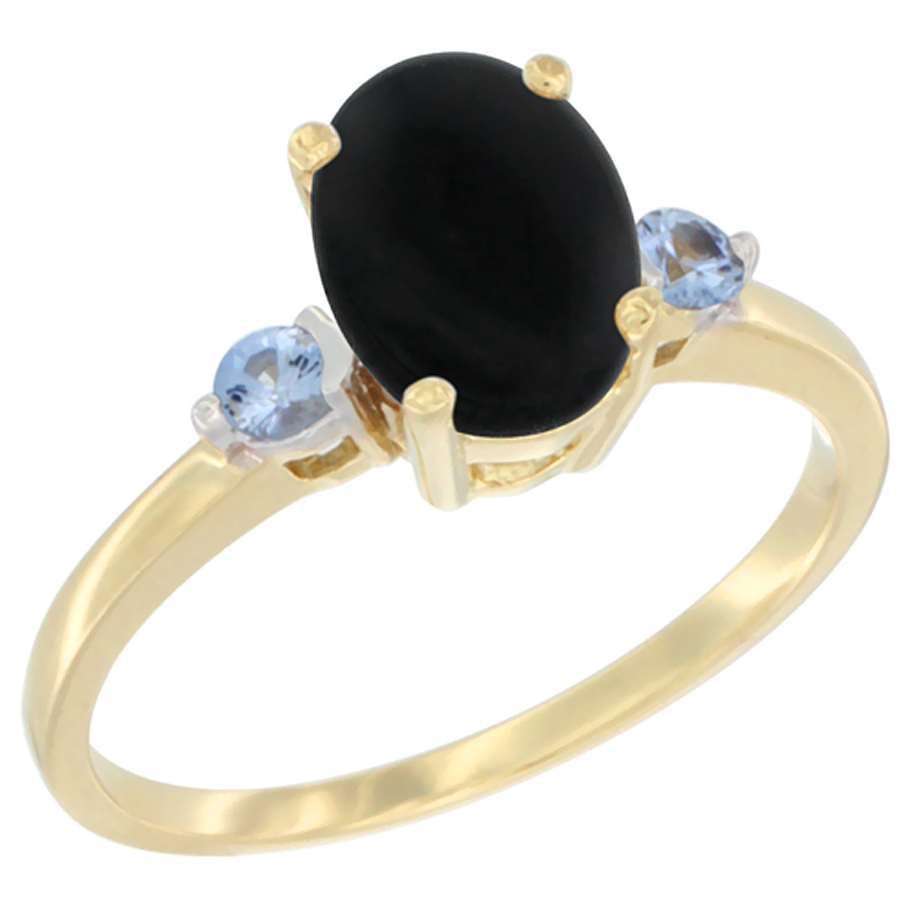 14K Yellow Gold Natural Black Onyx Ring Oval 9x7 mm Light Blue Sapphire Accent, sizes 5 to 10