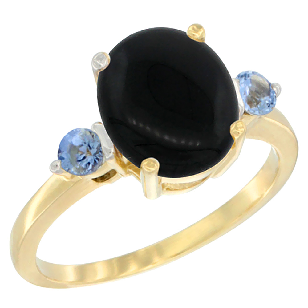 14K Yellow Gold 10x8mm Oval Natural Black Onyx Ring for Women Light Blue Sapphire Side-stones sizes 5 - 10