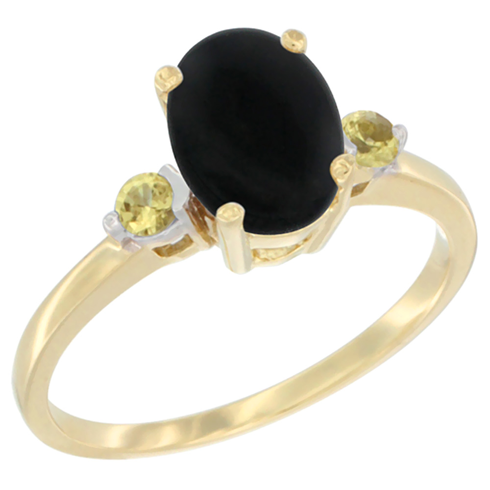 14K Yellow Gold Natural Black Onyx Ring Oval 9x7 mm Yellow Sapphire Accent, sizes 5 to 10