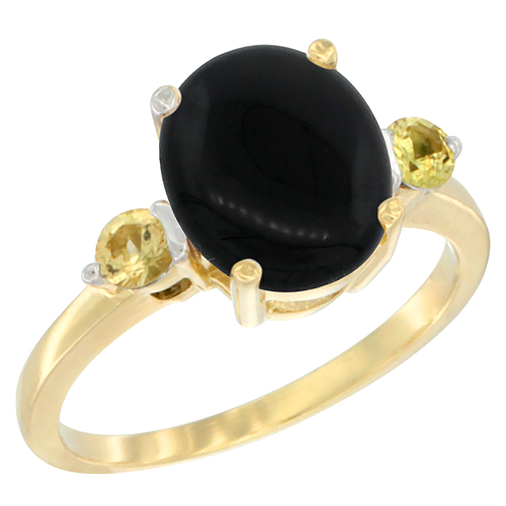 14K Yellow Gold 10x8mm Oval Natural Black Onyx Ring for Women Yellow Sapphire Side-stones sizes 5 - 10