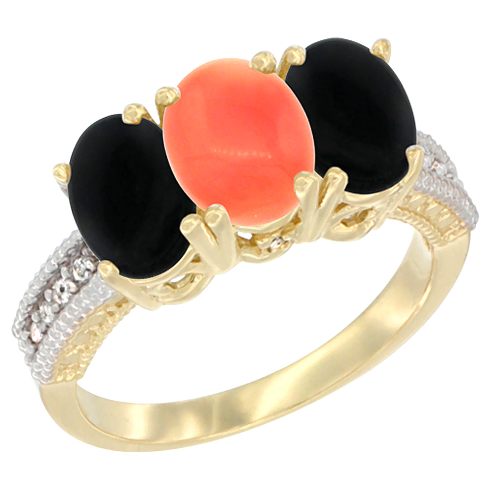 14K Yellow Gold Natural Coral &amp; Black Onyx Sides Ring 3-Stone 7x5 mm Oval Diamond Accent, sizes 5 - 10