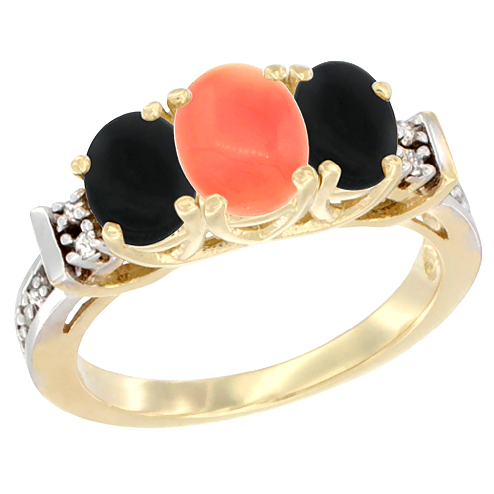 10K Yellow Gold Natural Coral & Black Onyx Ring 3-Stone Oval Diamond Accent