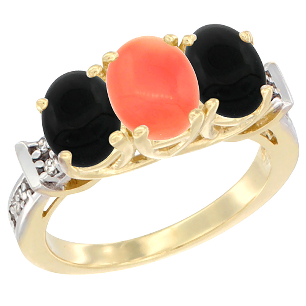 10K Yellow Gold Natural Coral &amp; Black Onyx Sides Ring 3-Stone Oval Diamond Accent, sizes 5 - 10
