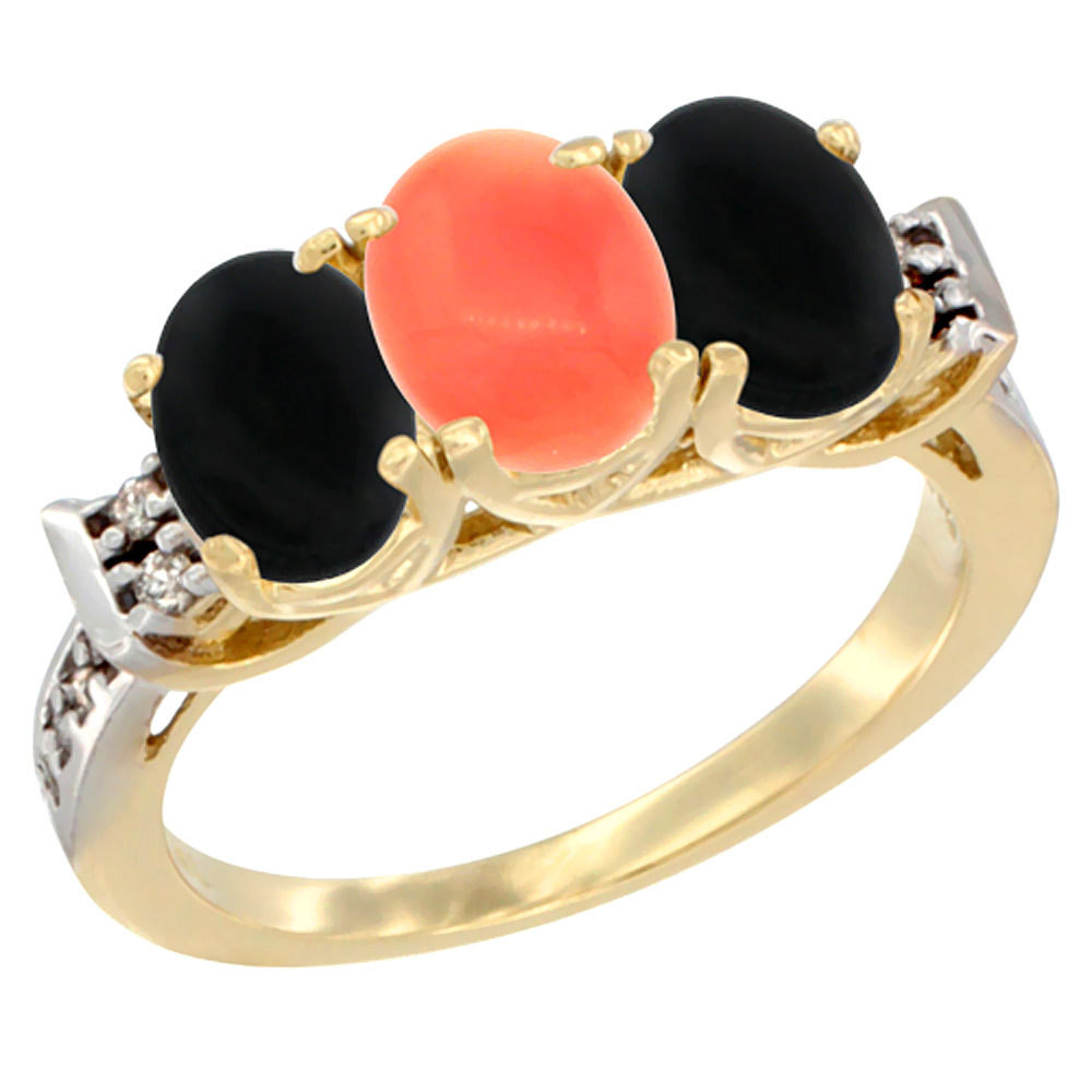 10K Yellow Gold Natural Coral & Black Onyx Sides Ring 3-Stone Oval 7x5 mm Diamond Accent, sizes 5 - 10