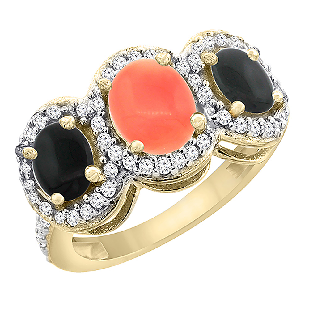 10K Yellow Gold Natural Coral & Black Onyx 3-Stone Ring Oval Diamond Accent, sizes 5 - 10