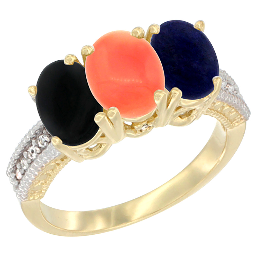14K Yellow Gold Natural Black Onyx, Coral & Lapis Ring 3-Stone 7x5 mm Oval Diamond Accent, sizes 5 - 10