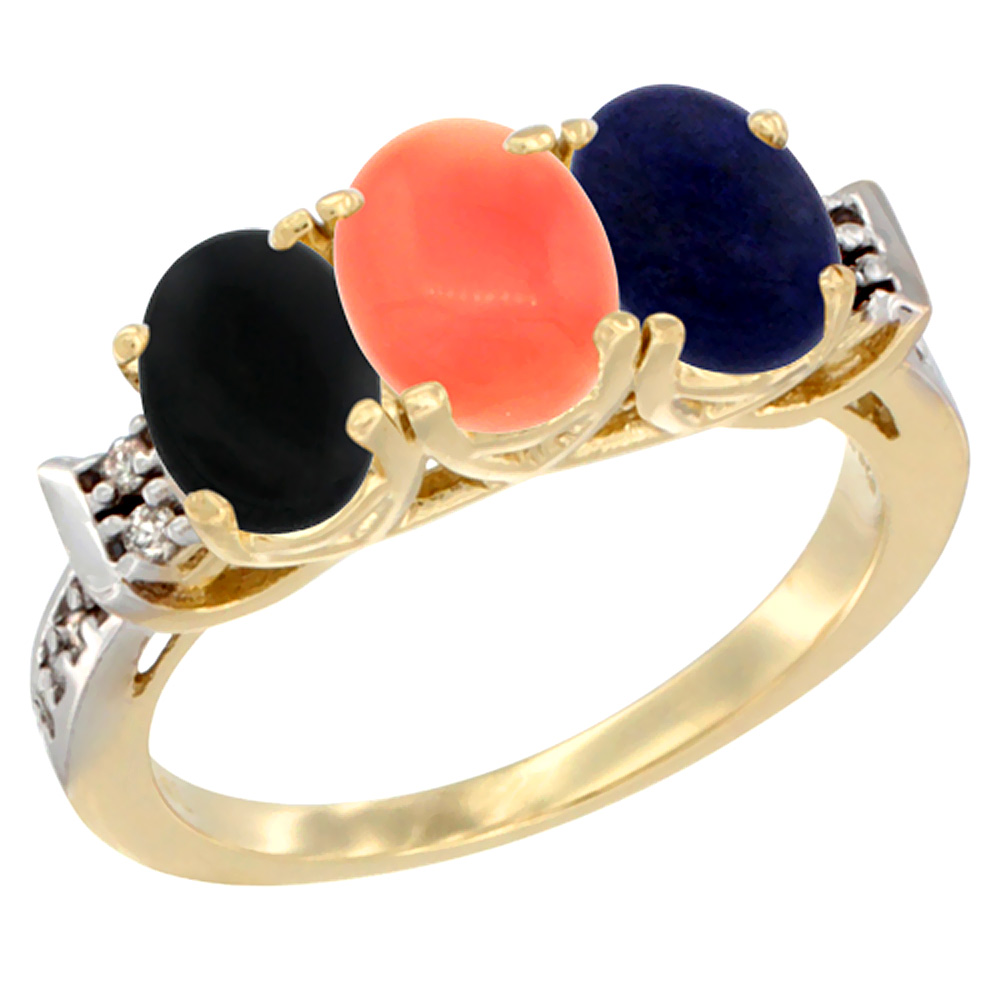 10K Yellow Gold Natural Black Onyx, Coral & Lapis Ring 3-Stone Oval 7x5 mm Diamond Accent, sizes 5 - 10