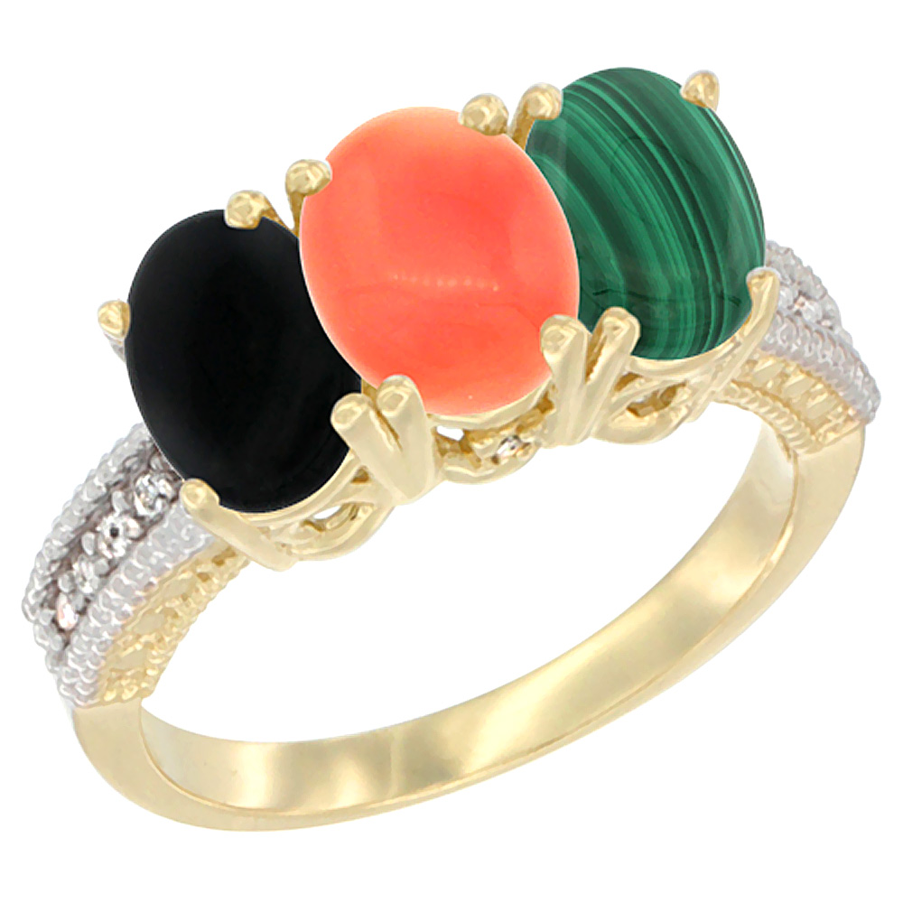 14K Yellow Gold Natural Black Onyx, Coral &amp; Malachite Ring 3-Stone 7x5 mm Oval Diamond Accent, sizes 5 - 10