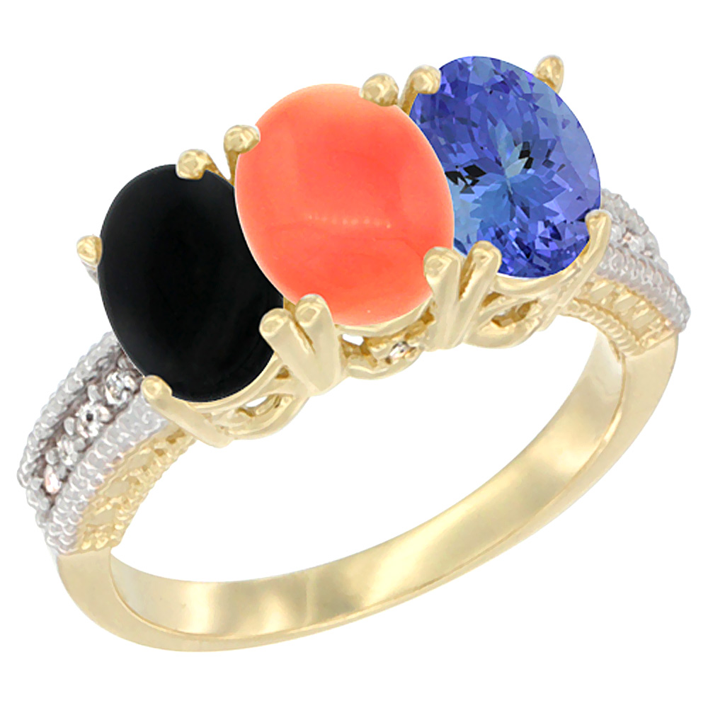 14K Yellow Gold Natural Black Onyx, Coral &amp; Tanzanite Ring 3-Stone 7x5 mm Oval Diamond Accent, sizes 5 - 10