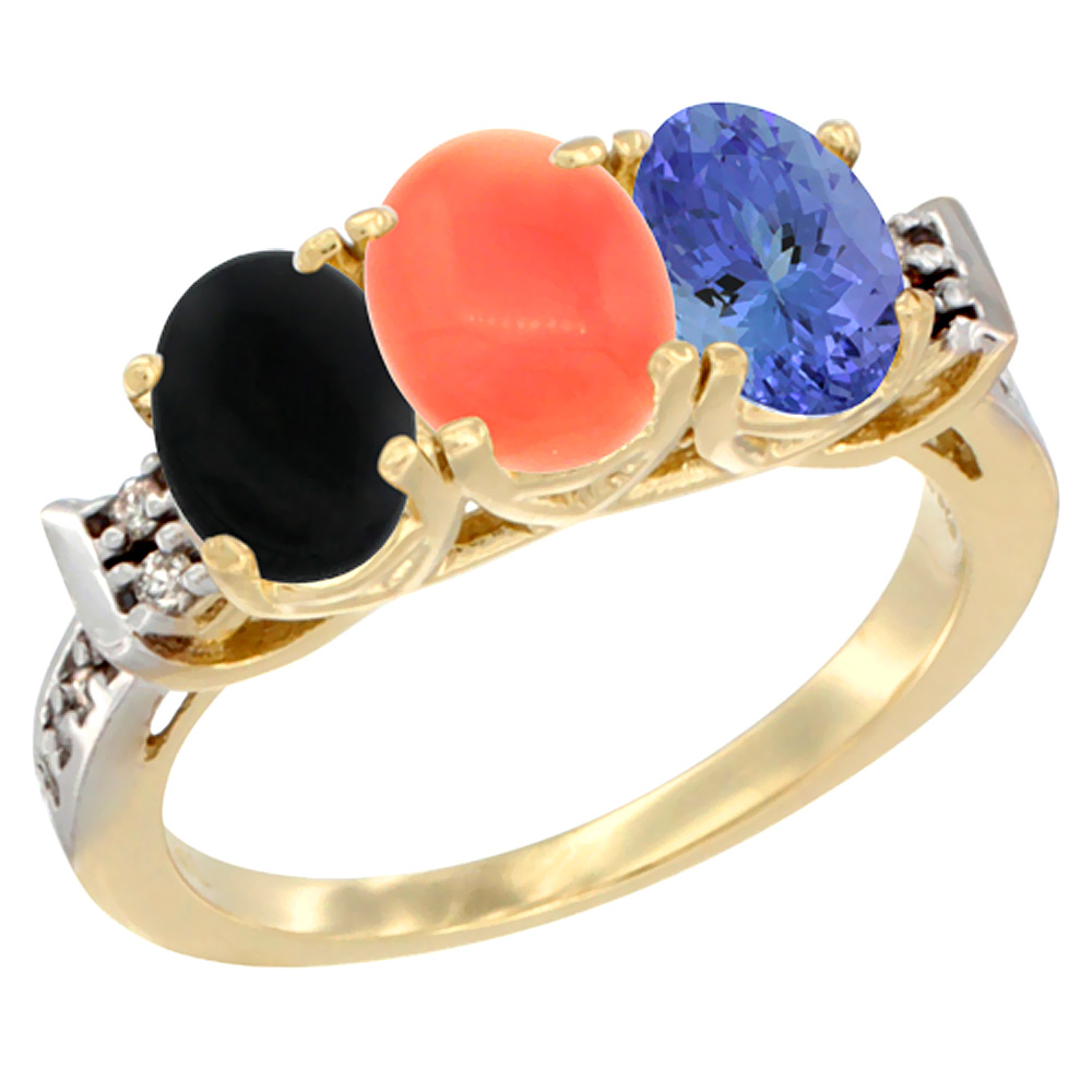 10K Yellow Gold Natural Black Onyx, Coral & Tanzanite Ring 3-Stone Oval 7x5 mm Diamond Accent, sizes 5 - 10