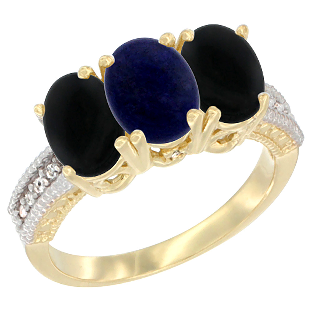 14K Yellow Gold Natural Lapis &amp; Black Onyx Sides Ring 3-Stone 7x5 mm Oval Diamond Accent, sizes 5 - 10