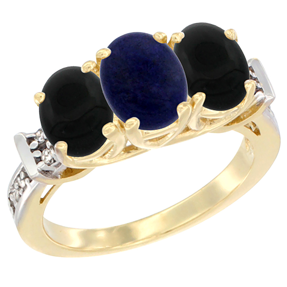 10K Yellow Gold Natural Lapis &amp; Black Onyx Sides Ring 3-Stone Oval Diamond Accent, sizes 5 - 10