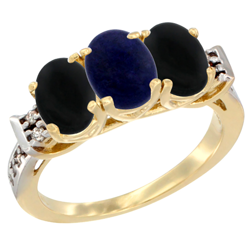 10K Yellow Gold Natural Lapis &amp; Black Onyx Sides Ring 3-Stone Oval 7x5 mm Diamond Accent, sizes 5 - 10
