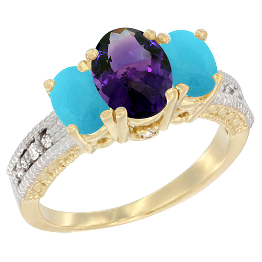 10K Yellow Gold Diamond Natural Amethyst Ring Oval 3-stone with Turquoise, sizes 5 - 10