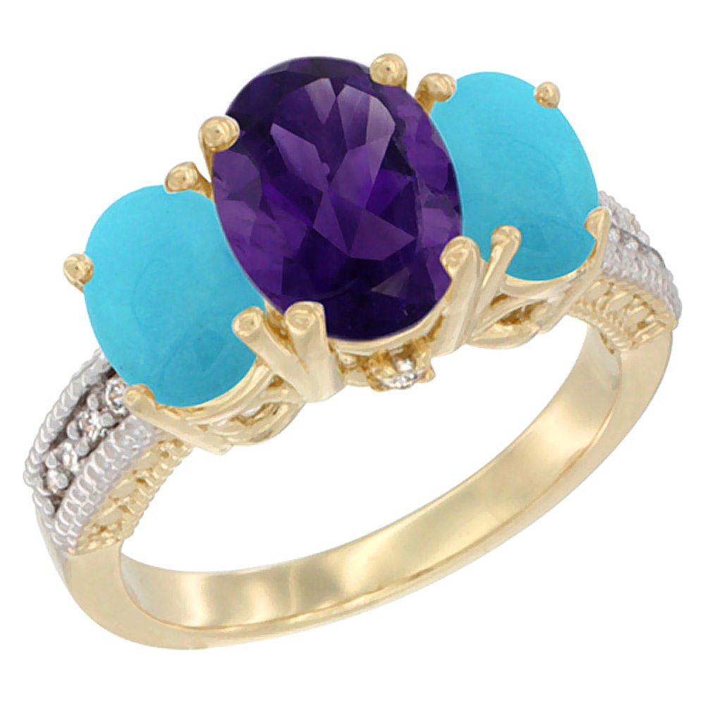 10K Yellow Gold Diamond Natural Amethyst Ring 3-Stone Oval 8x6mm with Turquoise, sizes5-10