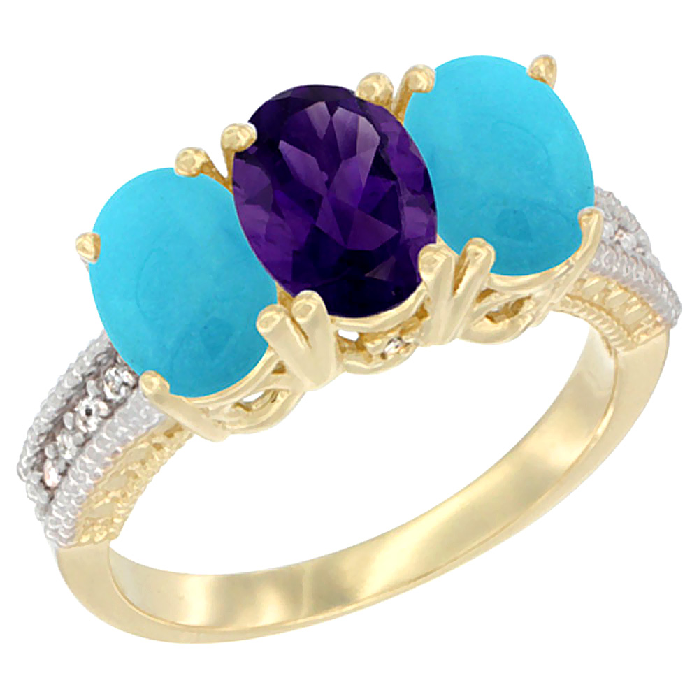 14K Yellow Gold Natural Amethyst &amp; Turquoise Sides Ring 3-Stone 7x5 mm Oval Diamond Accent, sizes 5 - 10