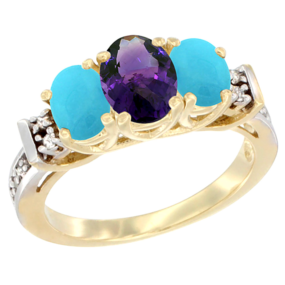 14K Yellow Gold Natural Amethyst &amp; Turquoise Ring 3-Stone Oval Diamond Accent