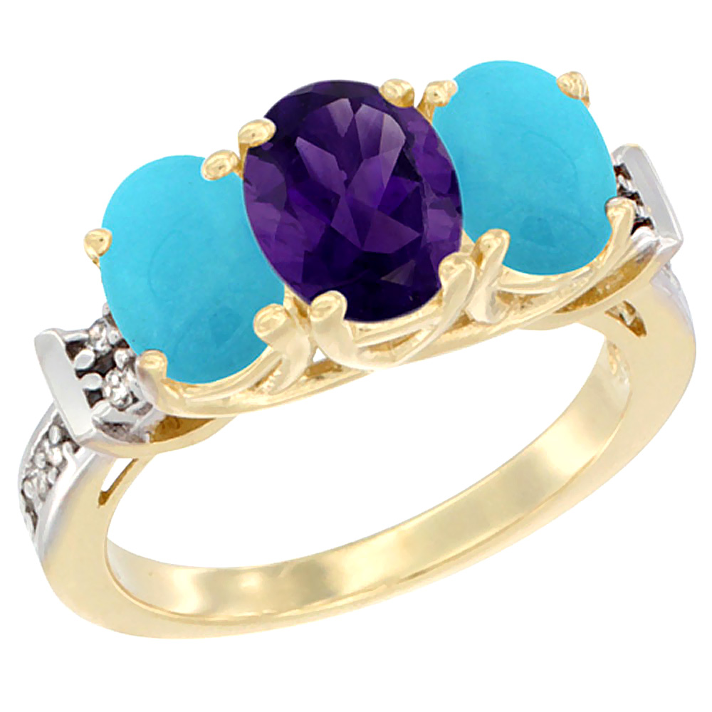 14K Yellow Gold Natural Amethyst & Turquoise Sides Ring 3-Stone Oval Diamond Accent, sizes 5 - 10