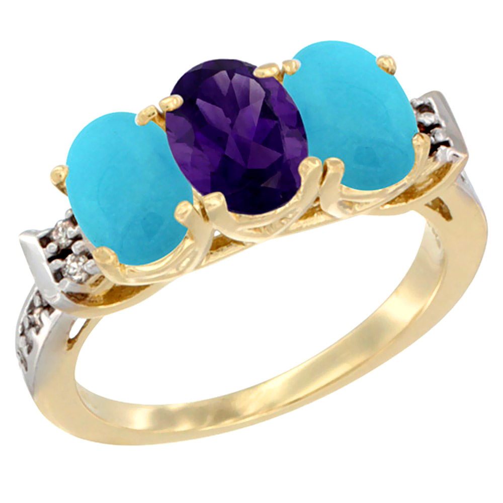 14K Yellow Gold Natural Amethyst & Turquoise Sides Ring 3-Stone Oval 7x5 mm Diamond Accent, sizes 5 - 10