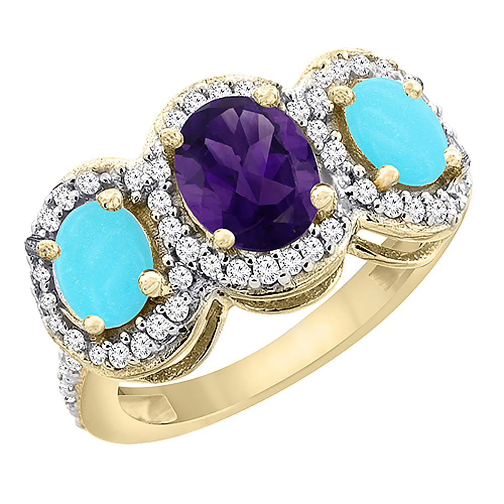 14K Yellow Gold Natural Amethyst &amp; Turquoise 3-Stone Ring Oval Diamond Accent, sizes 5 - 10