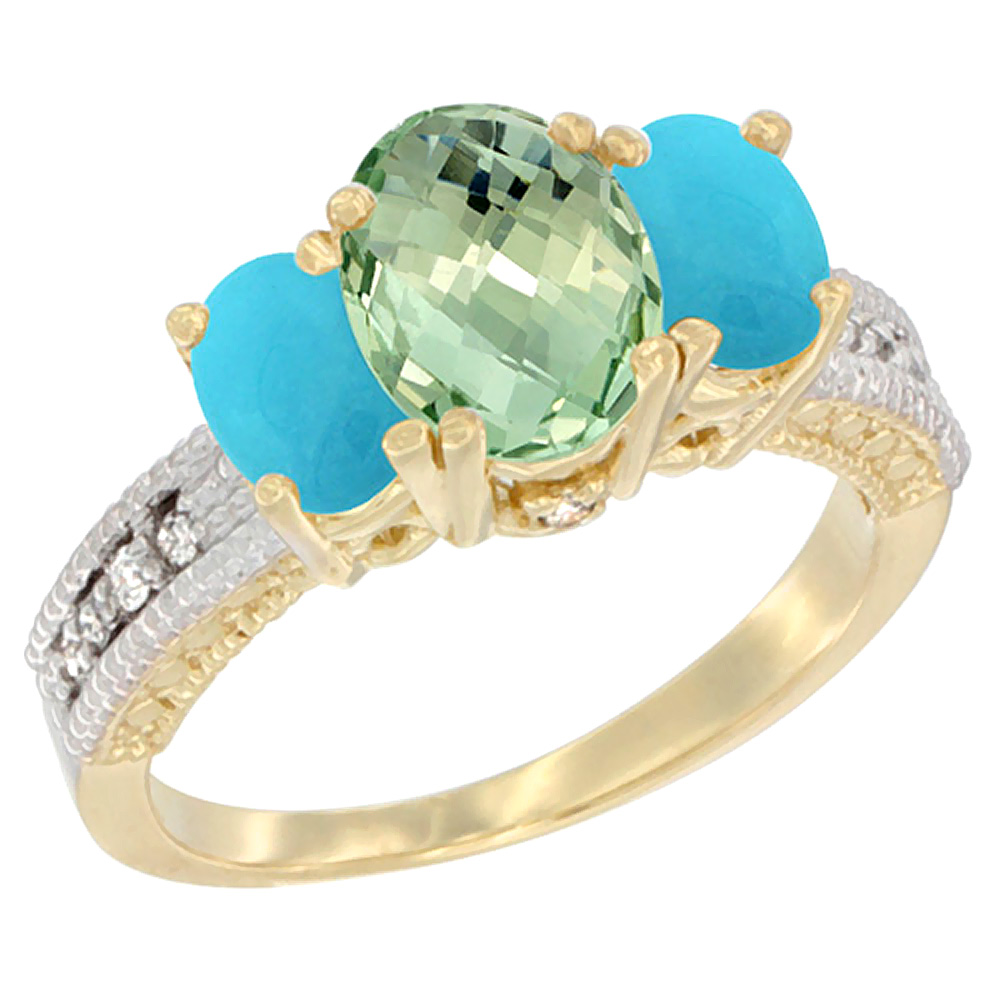 10K Yellow Gold Diamond Natural Green Amethyst Ring Oval 3-stone with Turquoise, sizes 5 - 10