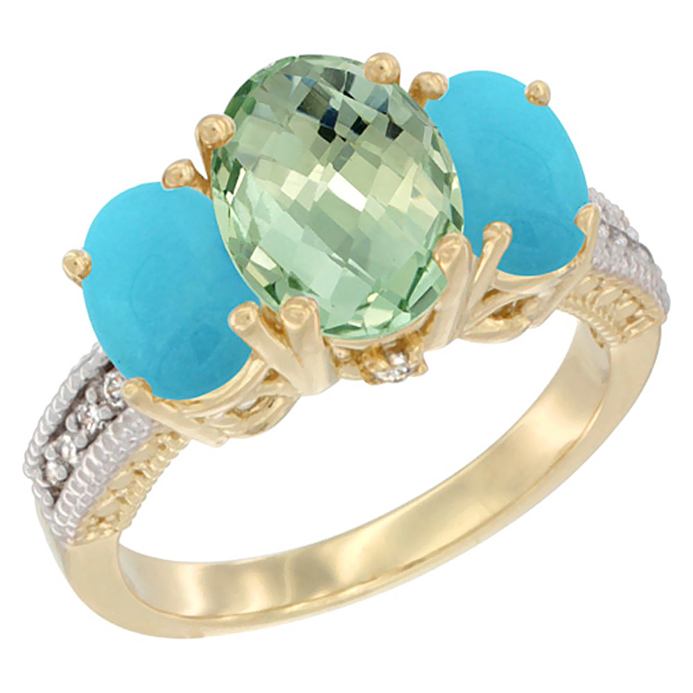 14K Yellow Gold Diamond Natural Green Amethyst Ring 3-Stone Oval 8x6mm with Turquoise, sizes5-10
