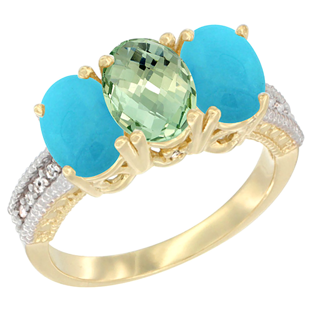 14K Yellow Gold Natural Green Amethyst & Turquoise Sides Ring 3-Stone 7x5 mm Oval Diamond Accent, sizes 5 - 10